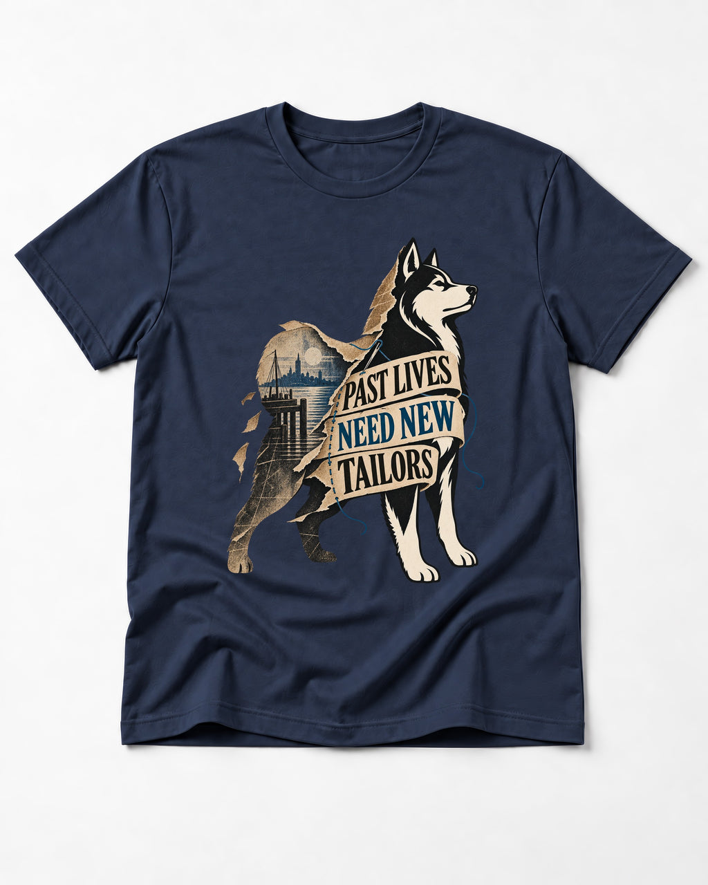 Husky Past Lives Need New Tailors Split Identity Graphic T-Shirt in Navy, flat lay product photo
