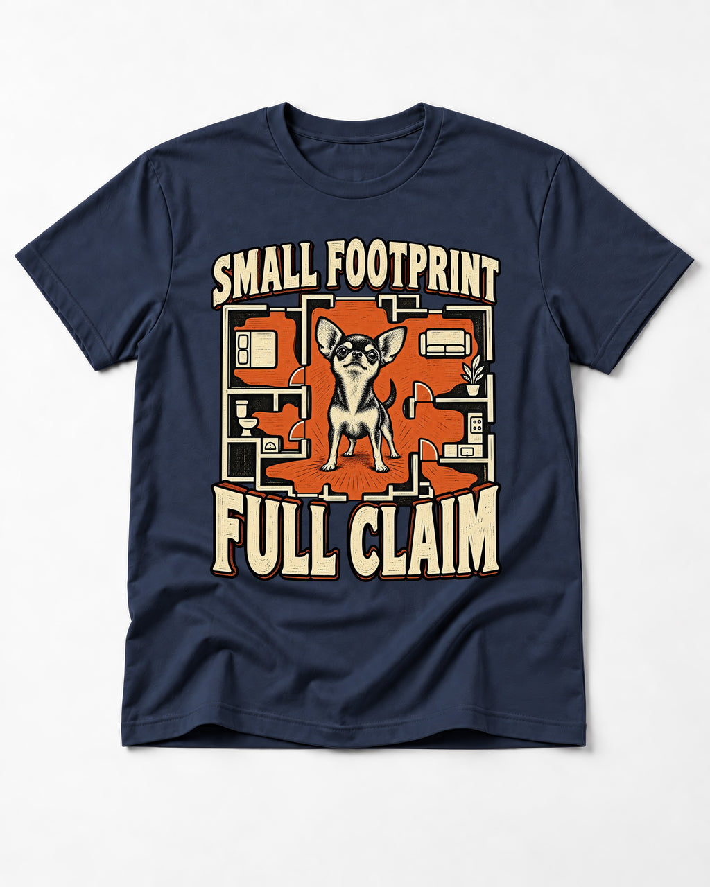 Chihuahua Small Footprint Full Claim Floor Plan Graphic T-Shirt in Navy, flat lay product photo