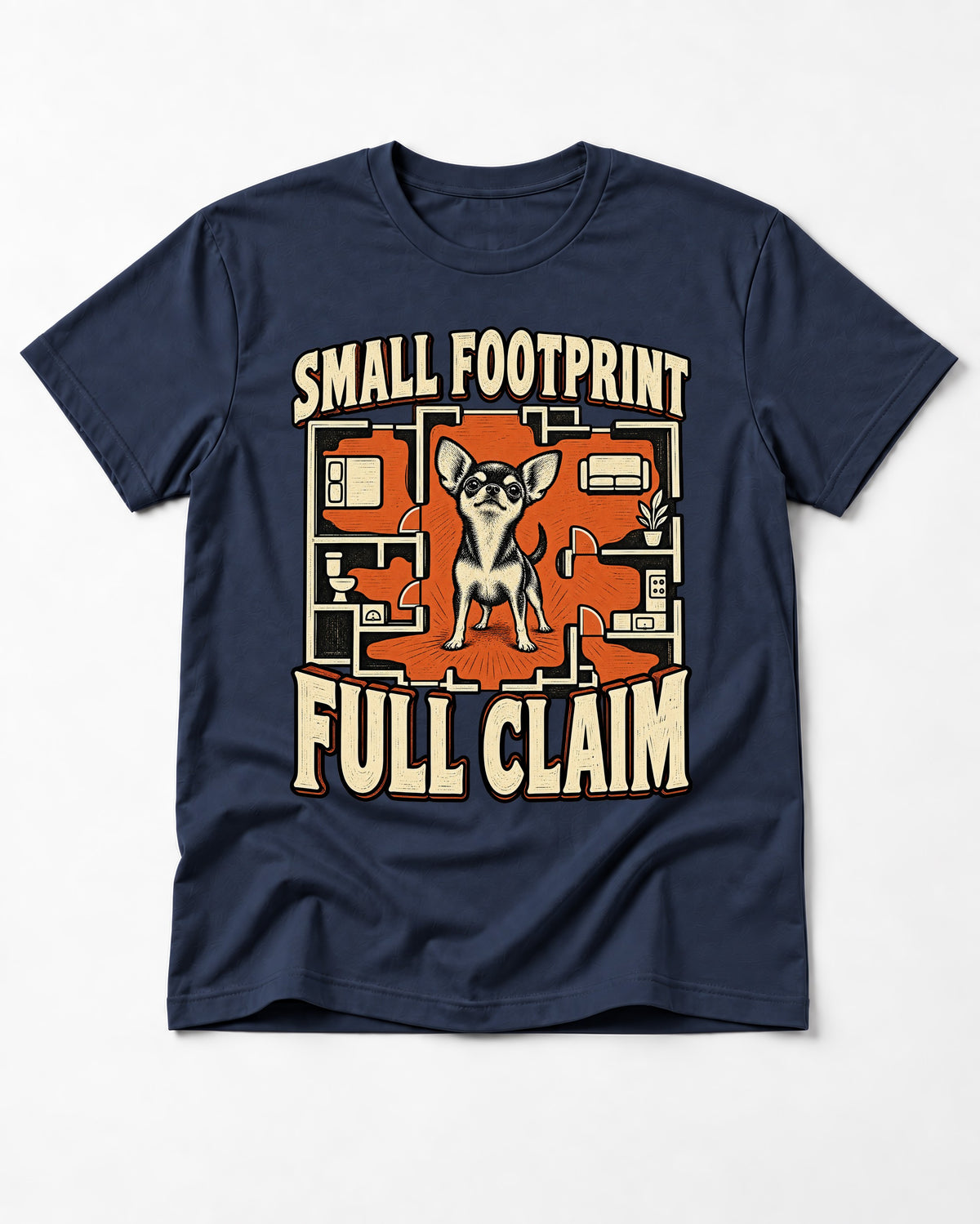 Chihuahua Small Footprint Full Claim Floor Plan Graphic T-Shirt in Navy, flat lay product photo