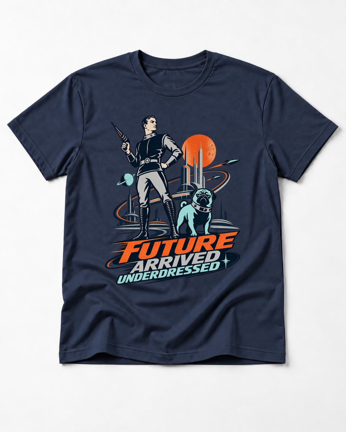 Pug Future Arrived Underdressed Space Hero Graphic T-Shirt in Navy, flat lay product photo