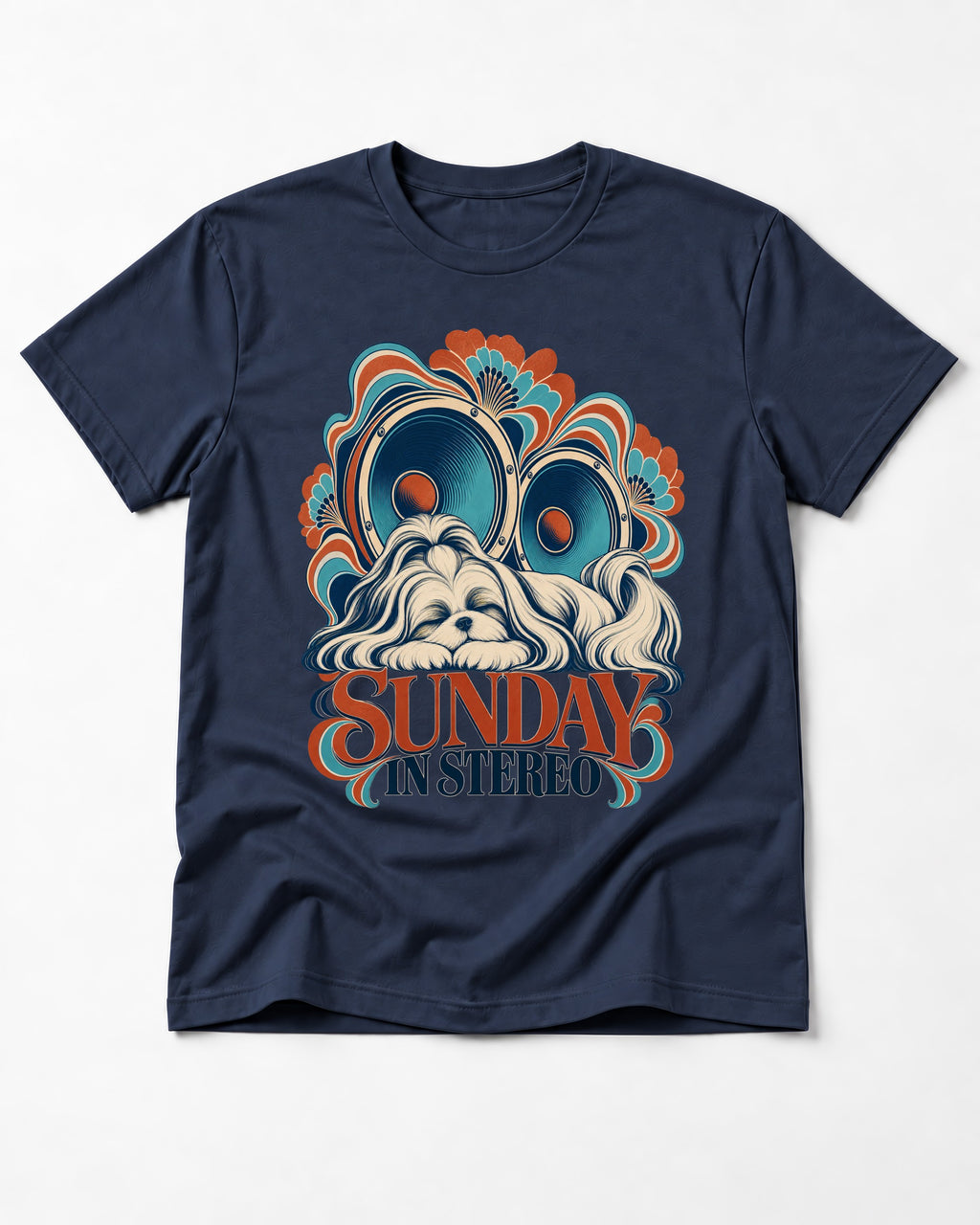 Shih Tzu Sunday in Stereo Retro Speaker Graphic T-Shirt in Navy, flat lay product photo