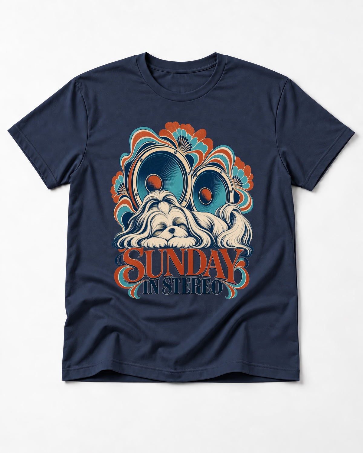 Shih Tzu Sunday in Stereo Retro Speaker Graphic T-Shirt in Navy, flat lay product photo