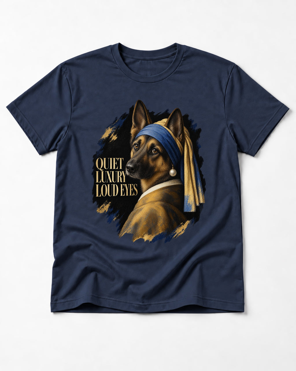 German Shepherd Dog Quiet Luxury Loud Eyes Pearl Portrait T-Shirt in Navy, flat lay product photo