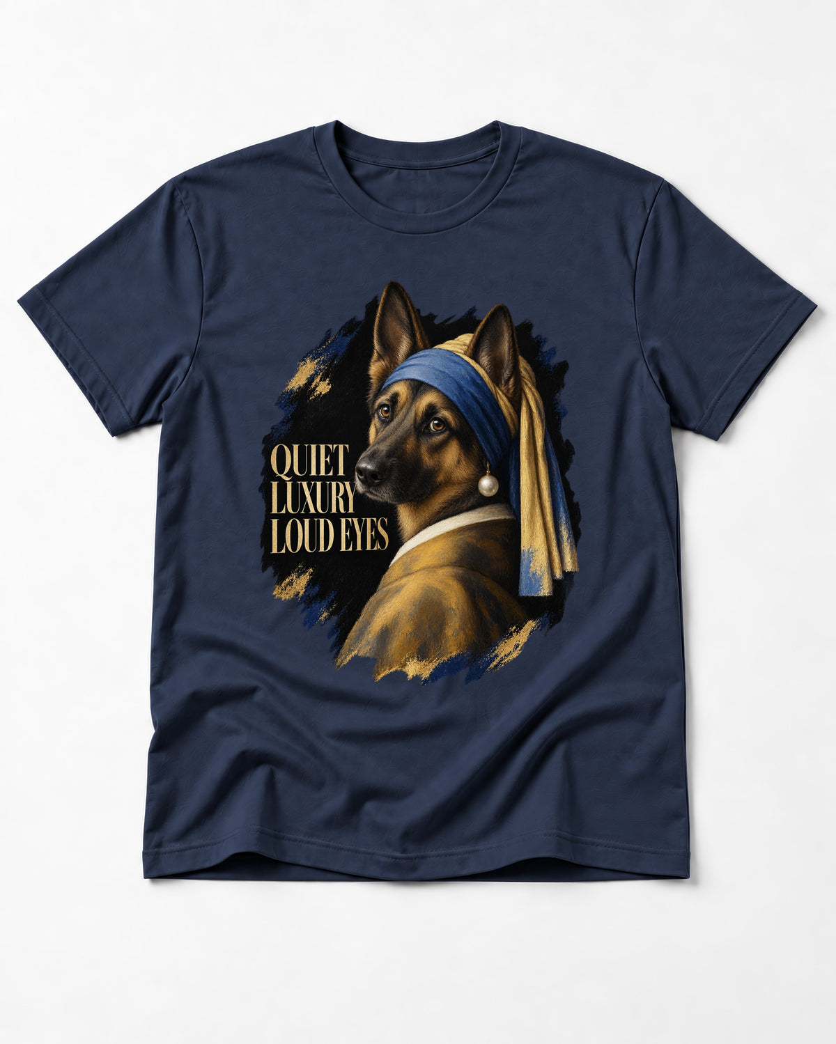 German Shepherd Dog Quiet Luxury Loud Eyes Pearl Portrait T-Shirt in Navy, flat lay product photo