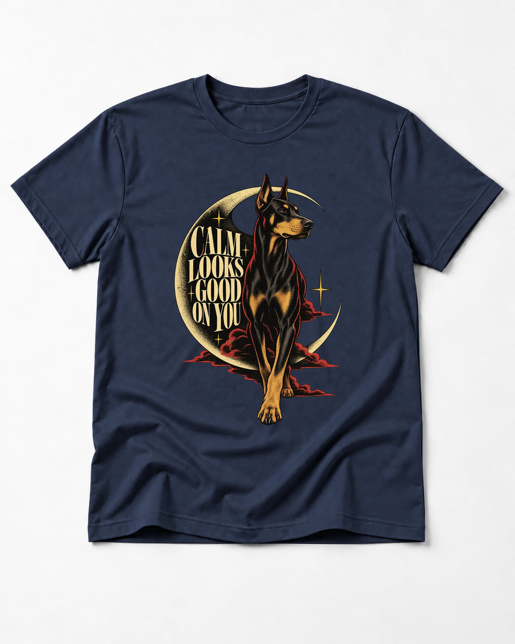 Doberman Calm Looks Good on You Crescent Graphic T-Shirt in Navy, flat lay product photo
