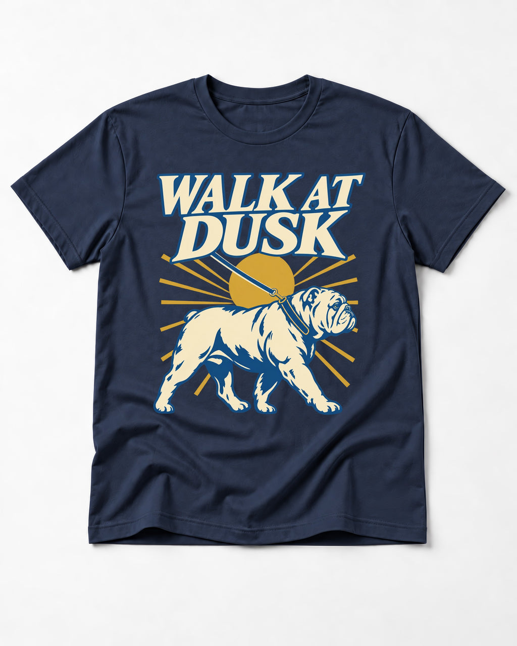 English Bulldog Walk at Dusk Sunset Graphic T-Shirt in Navy, flat lay product photo
