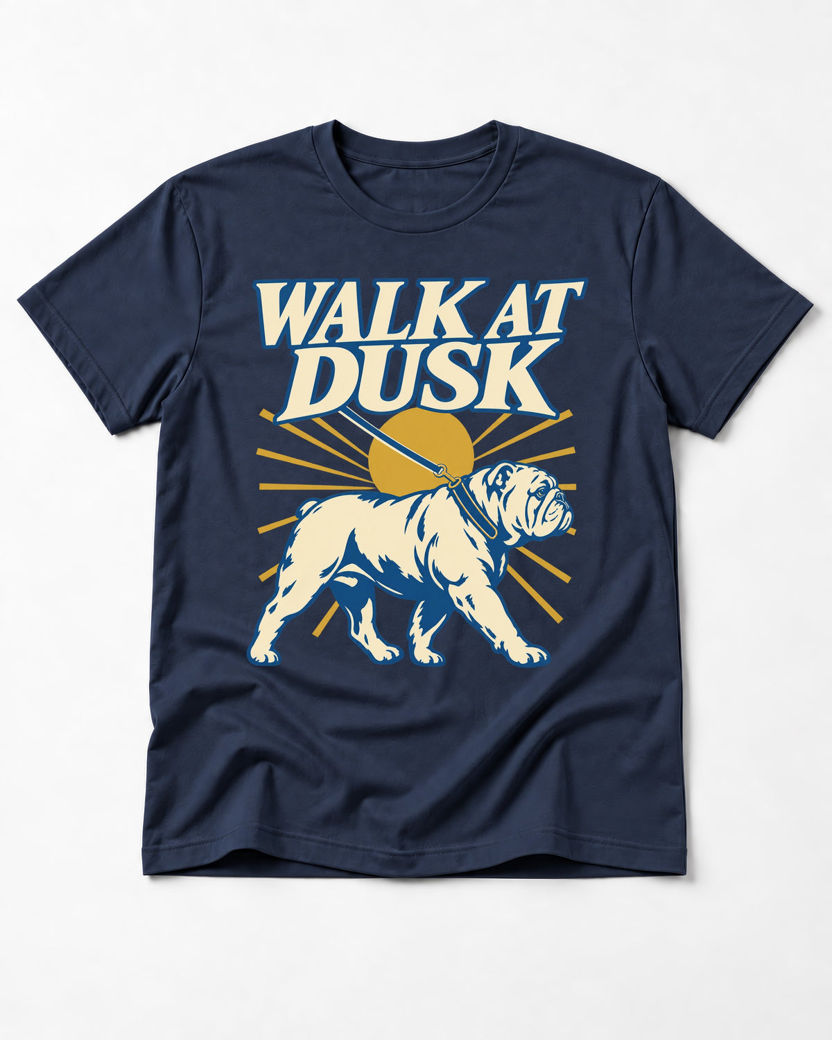 English Bulldog Walk at Dusk Sunset Graphic T-Shirt in Navy, flat lay product photo