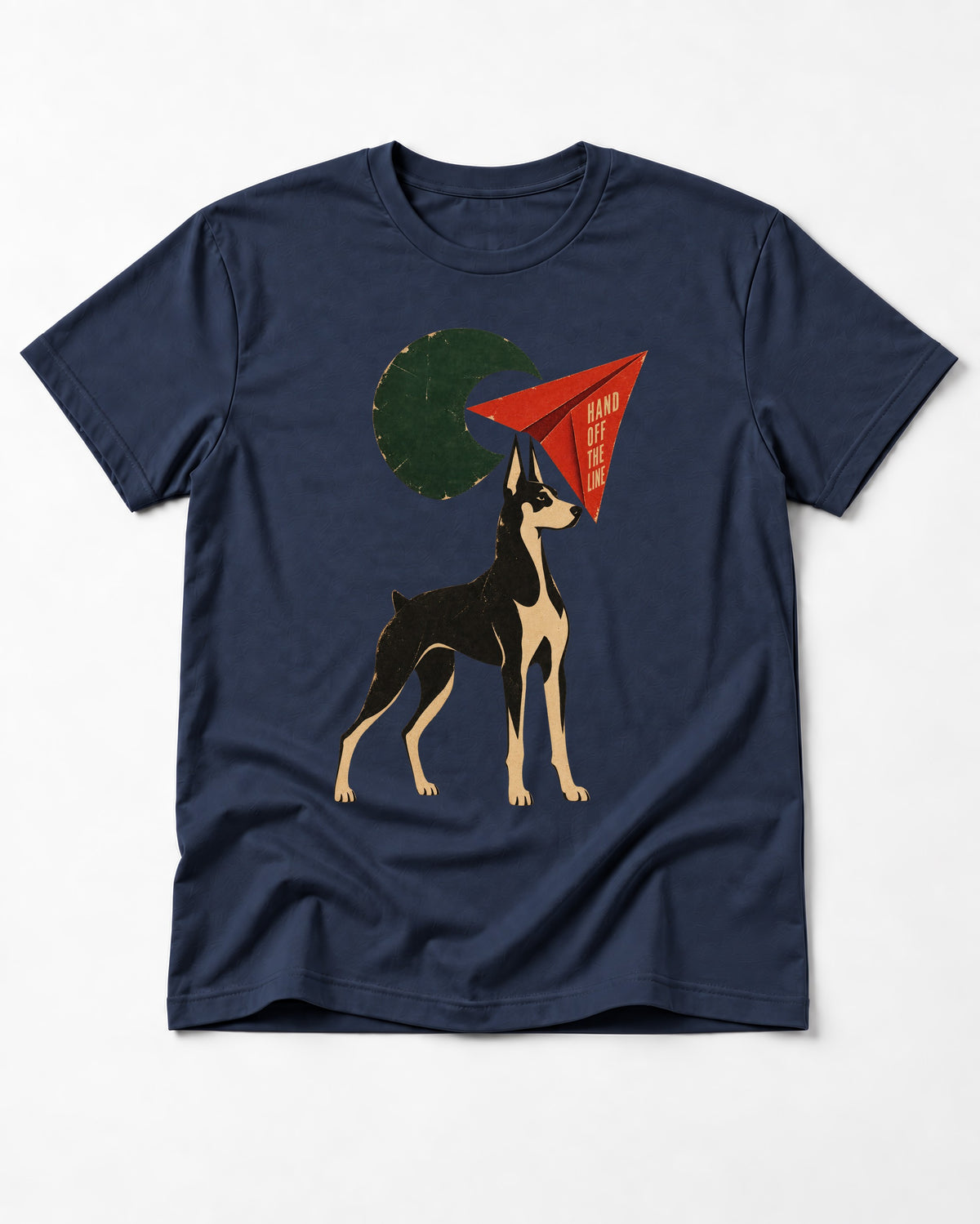 Doberman Hand Off the Line Paper Plane Graphic T-Shirt in Navy, flat lay product photo