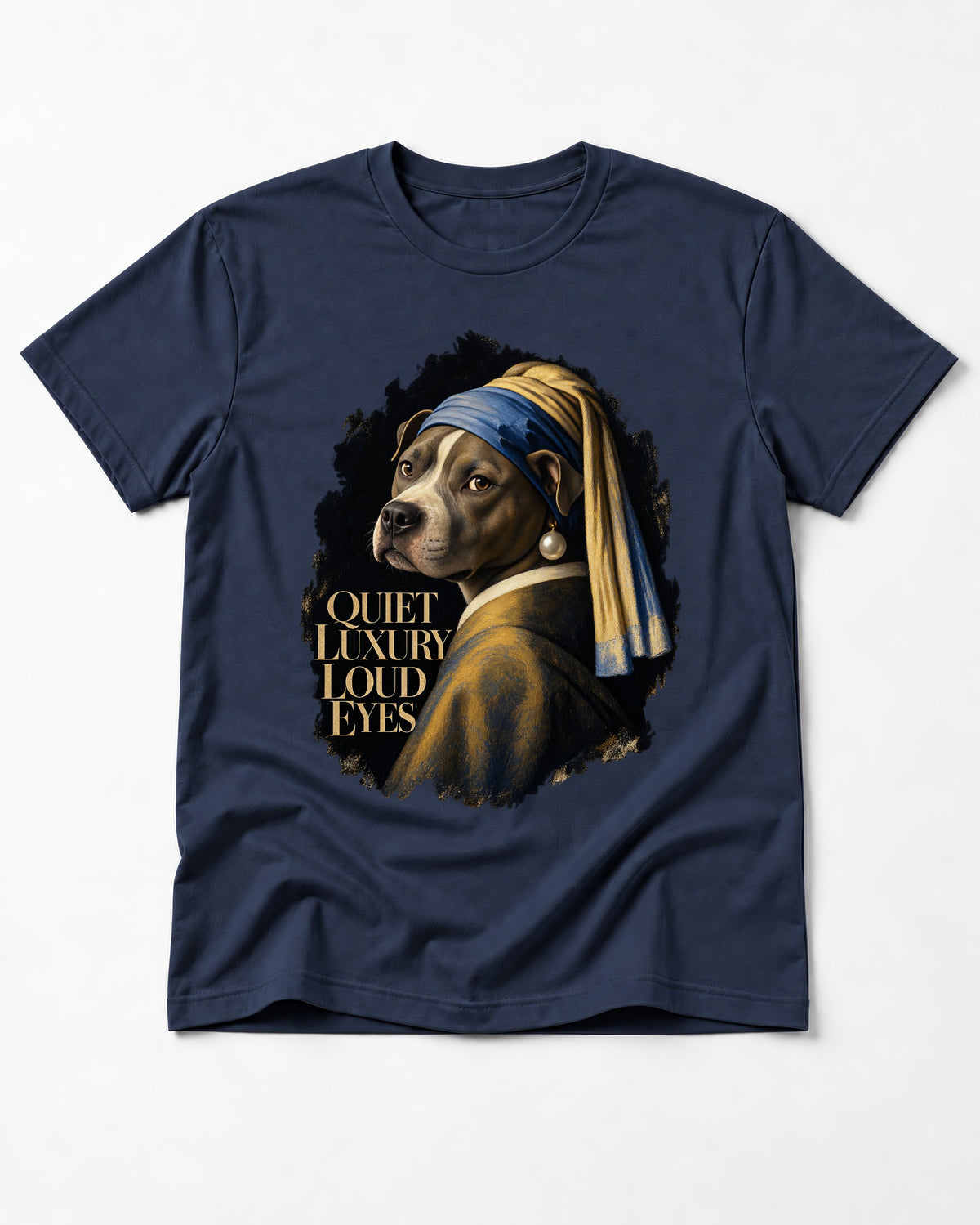 Pitbull Quiet Luxury Loud Eyes Pearl Earring Portrait Graphic T-Shirt in Navy, flat lay product photo