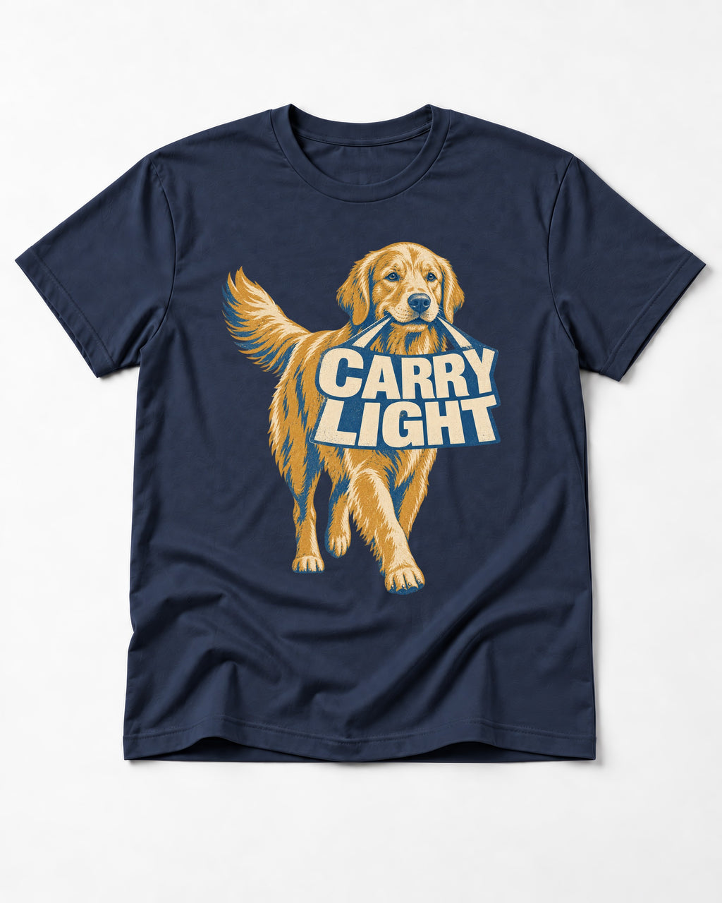Golden Retriever Carry Light Sign Graphic T-Shirt in Navy, flat lay product photo
