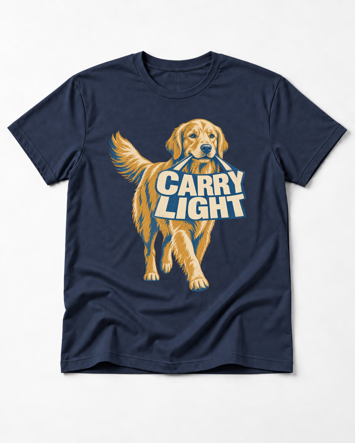 Golden Retriever Carry Light Sign Graphic T-Shirt in Navy, flat lay product photo
