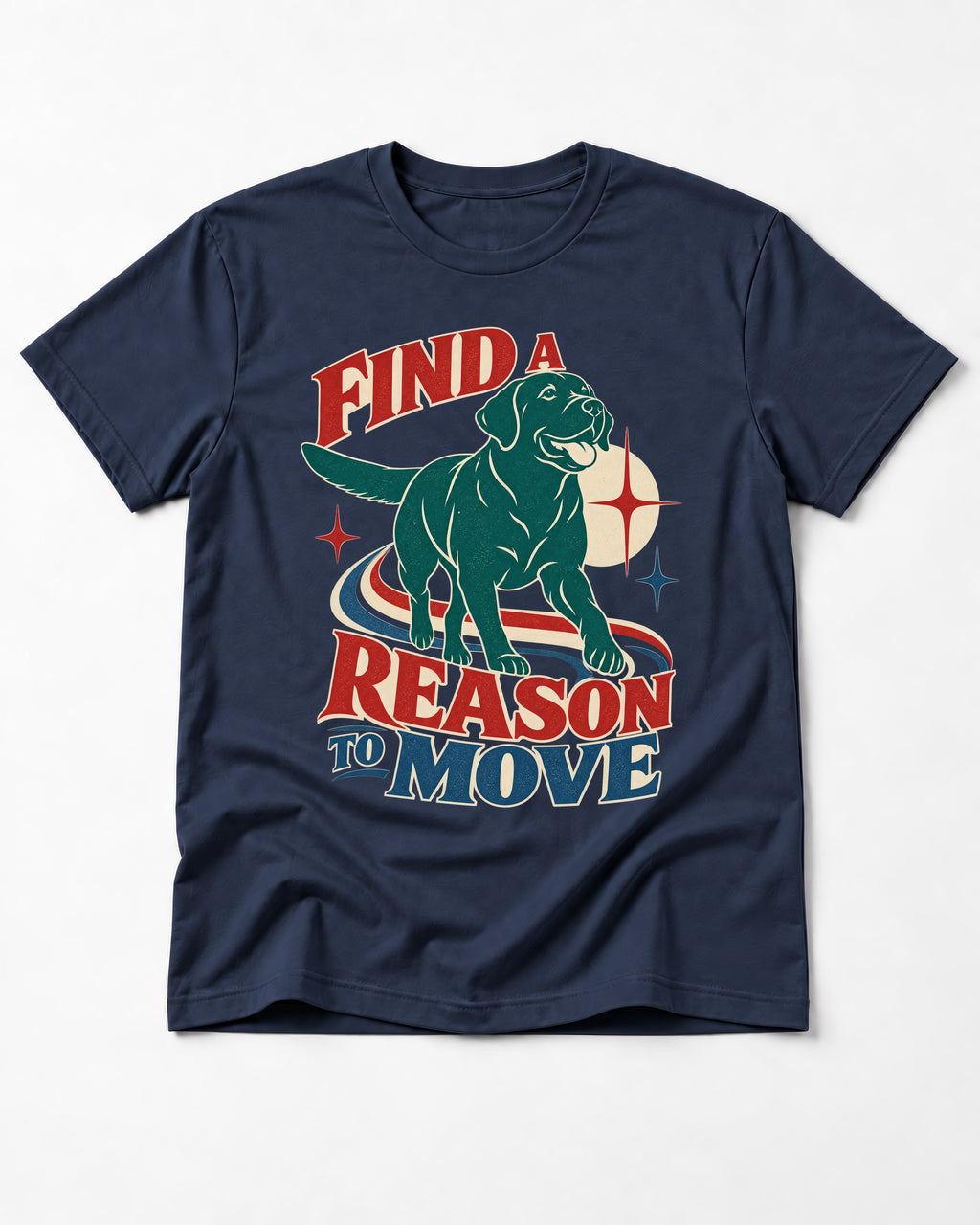 Labrador Retriever Find a Reason to Move Retro Dog Graphic T-Shirt in Navy, flat lay product photo