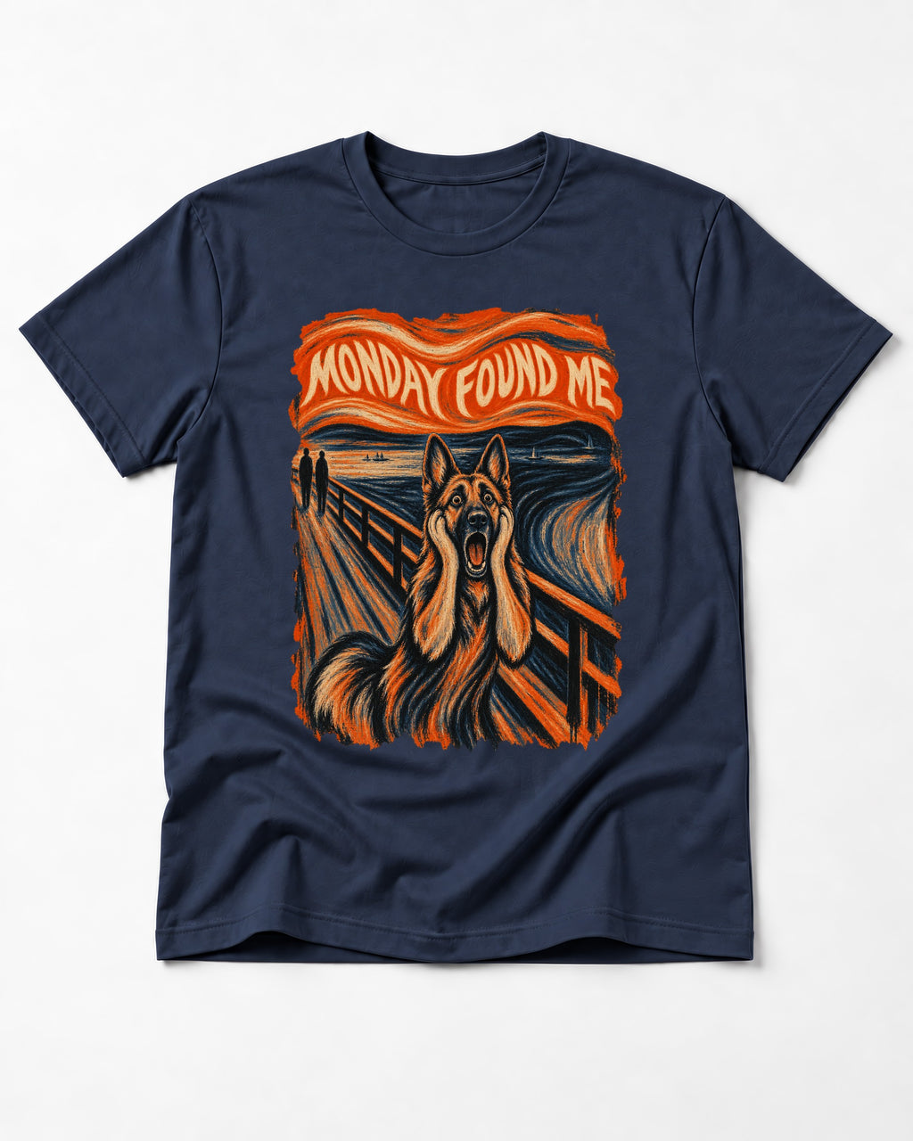 German Shepherd Dog Monday Found Me Scream Graphic T-Shirt in Navy, flat lay product photo