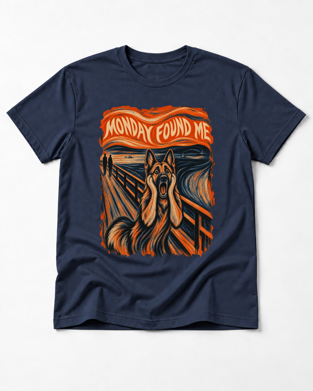 German Shepherd Dog Monday Found Me Scream Graphic T-Shirt in Navy, flat lay product photo