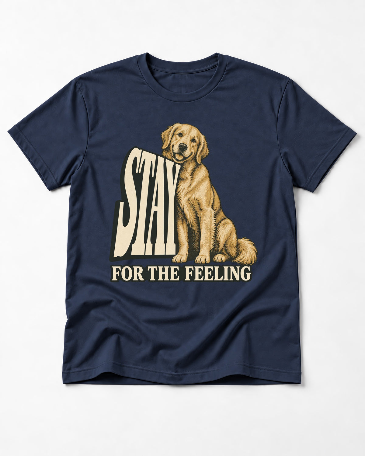 Golden Retriever Stay for the Feeling Leaning Puppy Graphic T-Shirt in Navy, flat lay product photo
