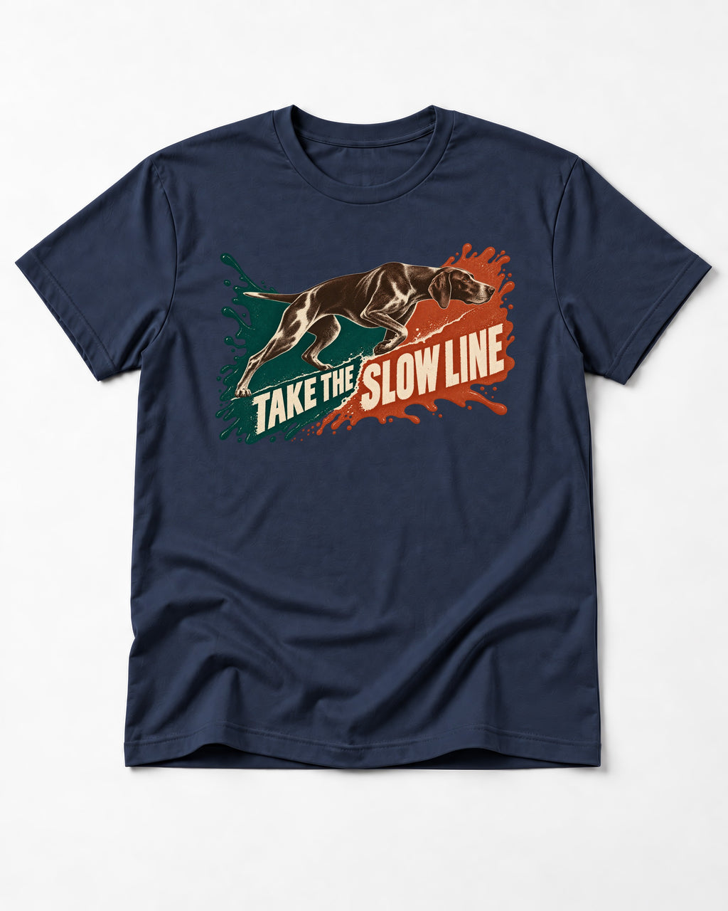 German Shorthaired Pointer Take The Slow Line Paint Splash Graphic T-Shirt in Navy, flat lay product photo
