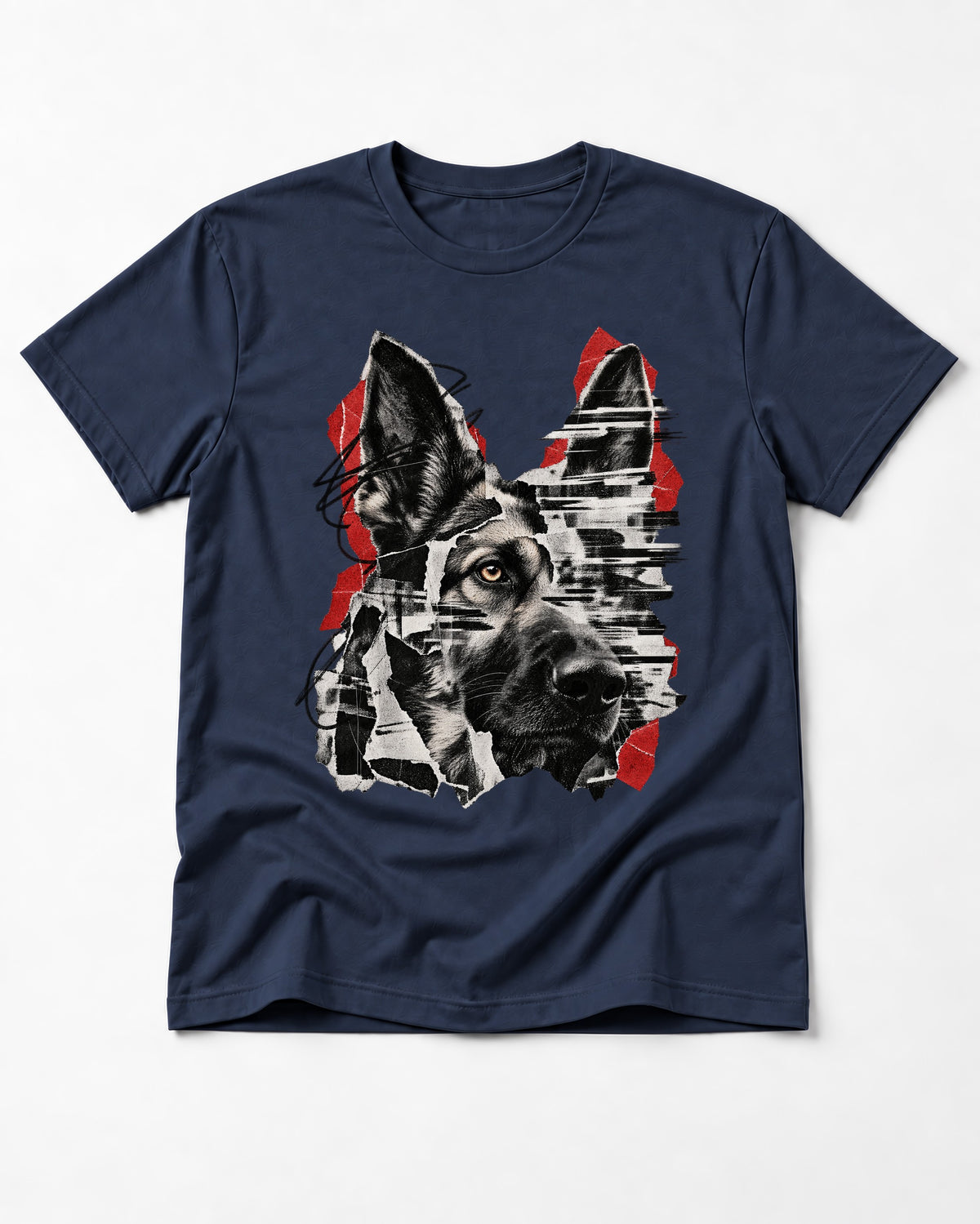 Black Signal Torn Collage German Shepherd Dog Portrait Graphic T-Shirt in Navy, flat lay product photo