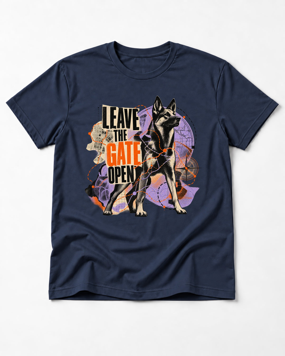 Leave The Gate Open Transit Collage German Shepherd Dog Graphic T-Shirt in Navy, flat lay product photo