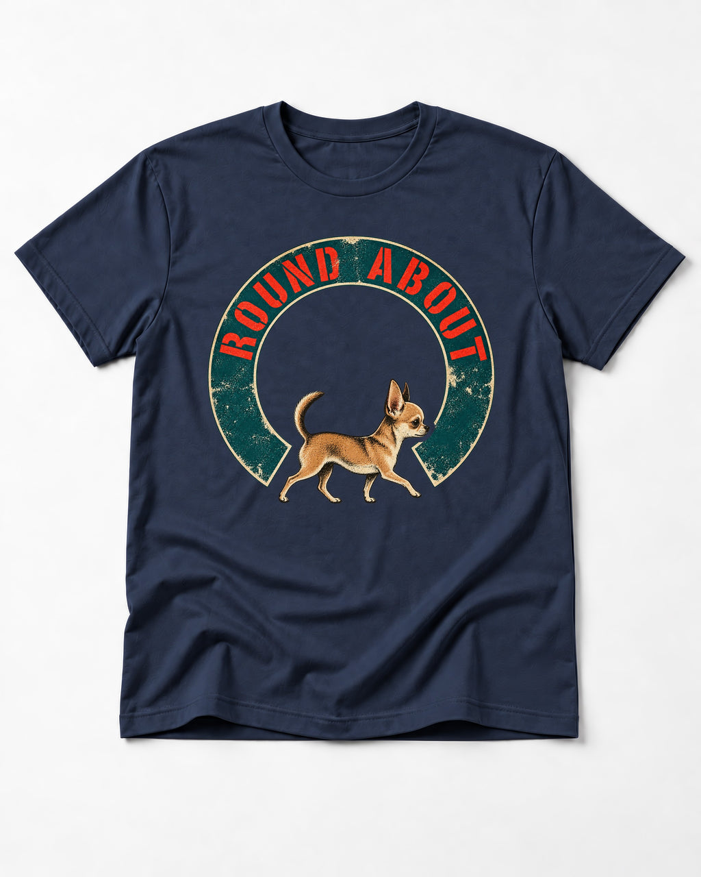 Round About Chihuahua Emblem Graphic T-Shirt in Navy, flat lay product photo