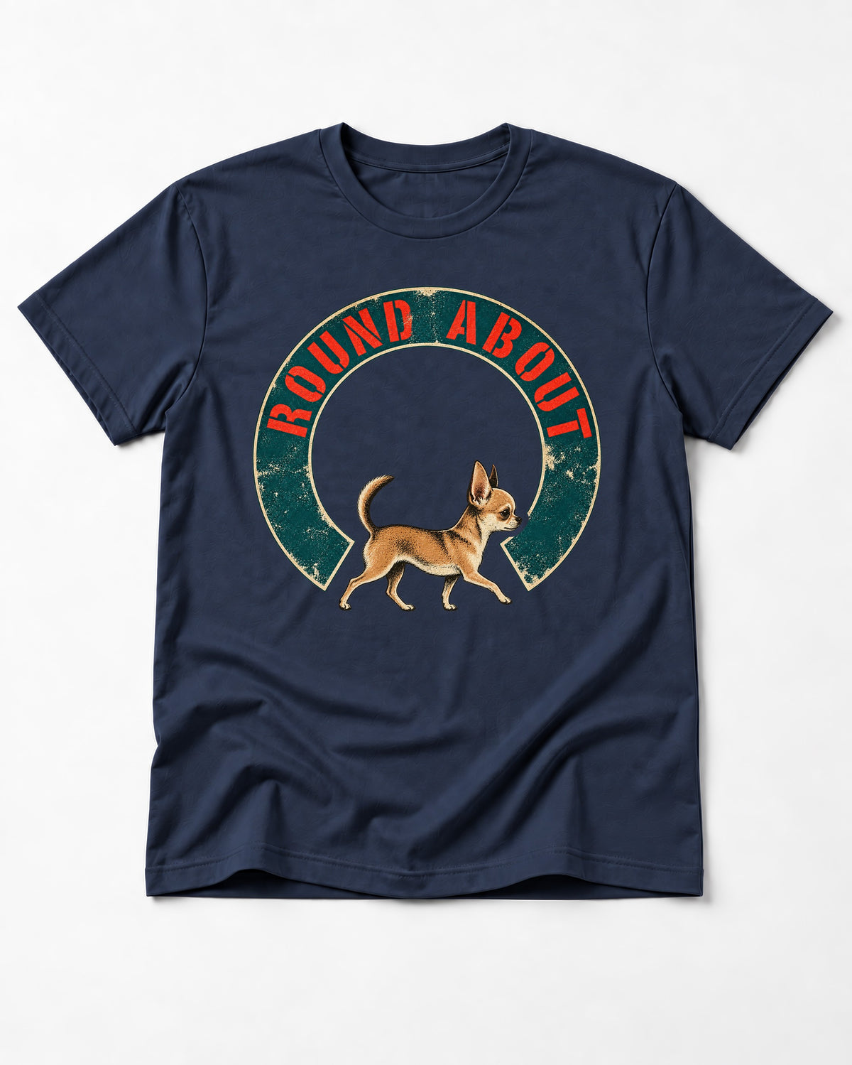 Round About Chihuahua Emblem Graphic T-Shirt in Navy, flat lay product photo