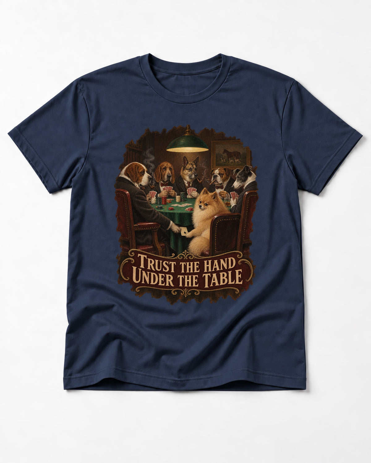 Pomeranian Trust the Hand Under the Table Poker Dogs Graphic T-Shirt in Navy, flat lay product photo
