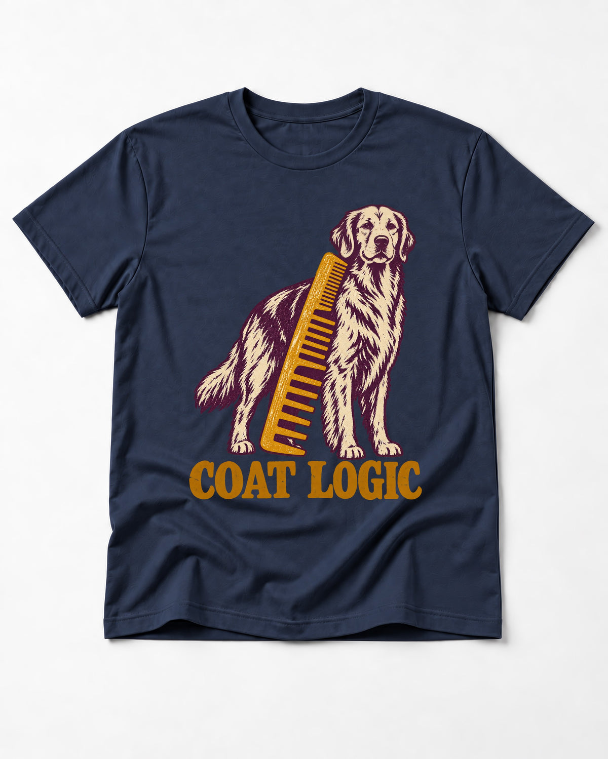 Golden Retriever Coat Logic Grooming Gauge Graphic T-Shirt in Navy, flat lay product photo
