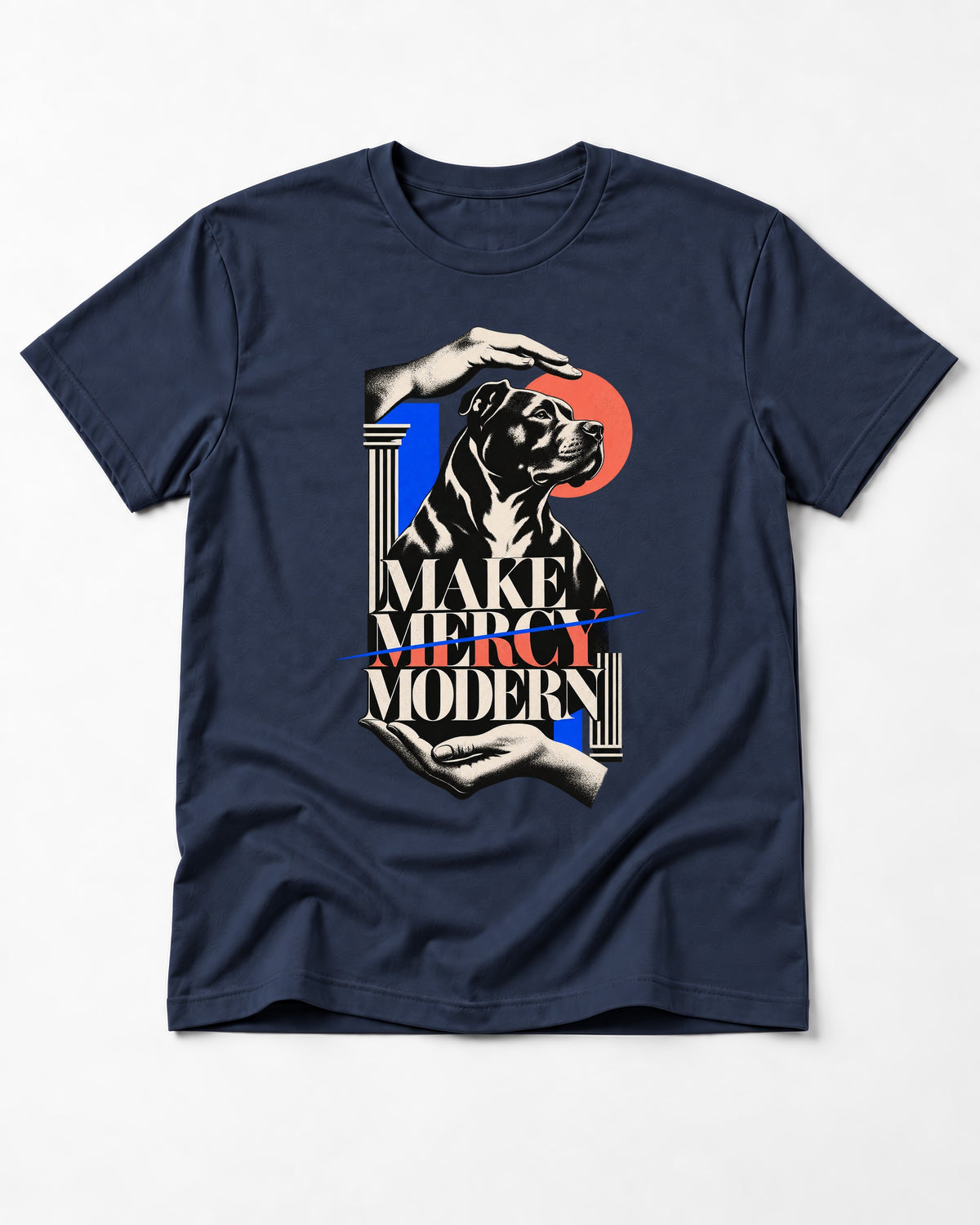 Pitbull Make Mercy Modern Protective Hands Graphic T-Shirt in Navy, flat lay product photo