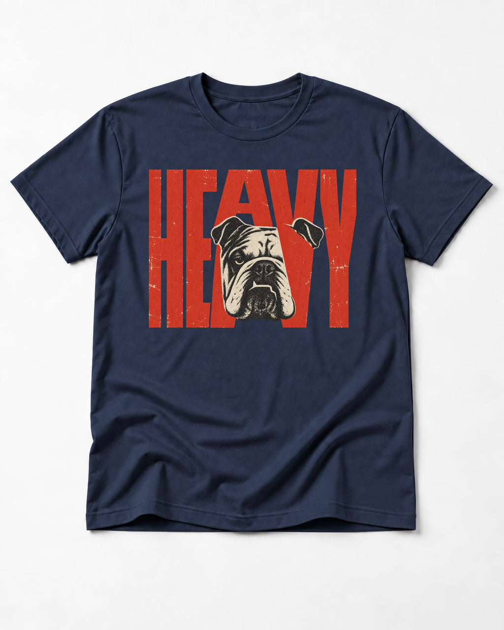 English Bulldog Heavy Stacked Portrait Graphic T-Shirt in Navy, flat lay product photo