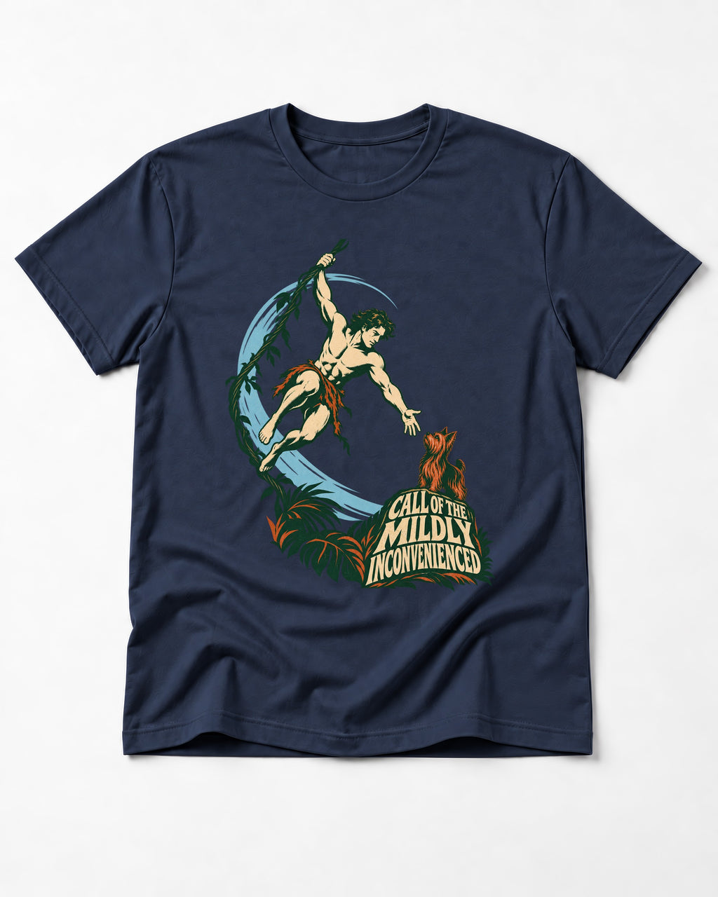 Yorkshire Terrier Call of the Mildly Inconvenienced Vine Swing Graphic T-Shirt in Navy, flat lay product photo