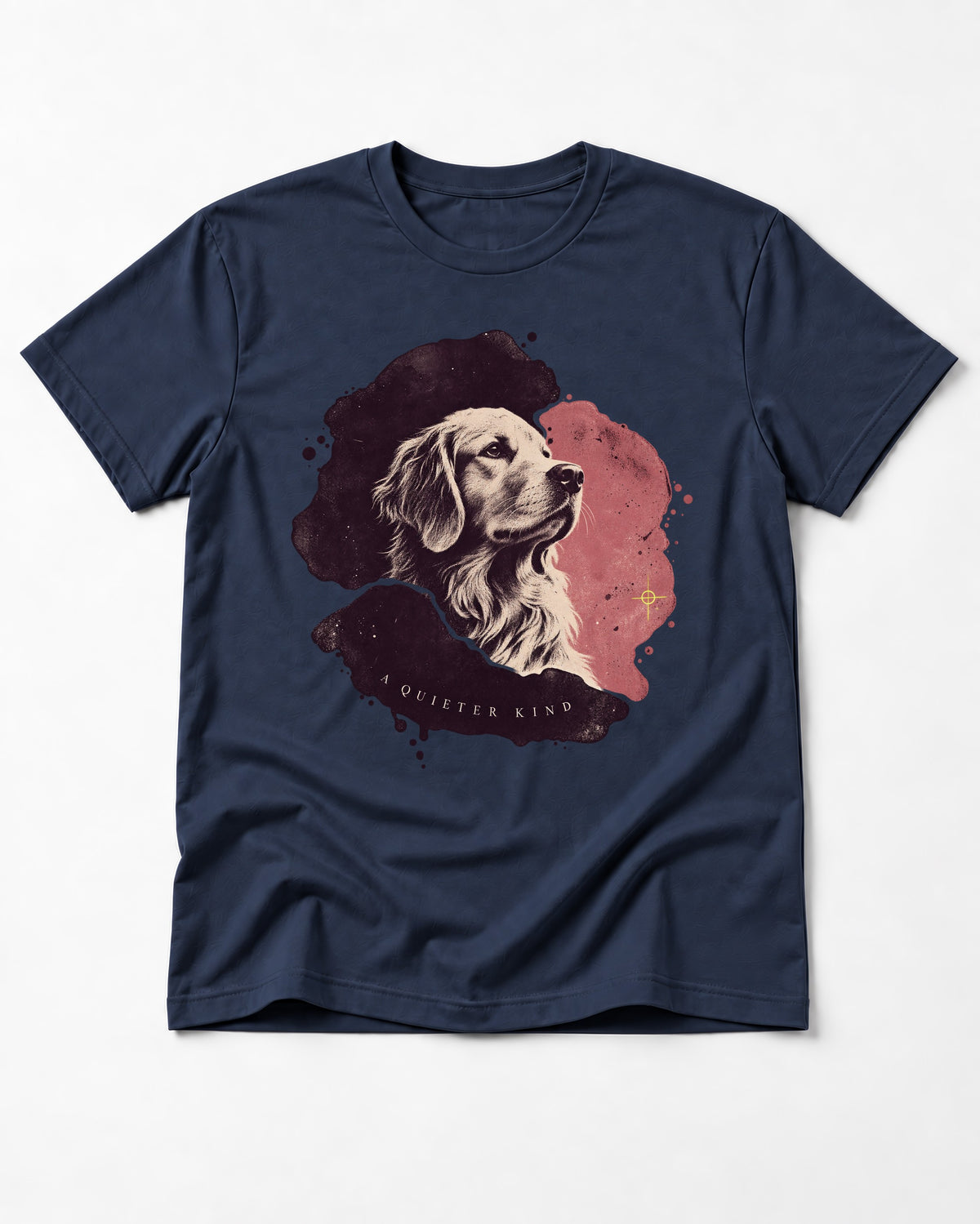 Golden Retriever A Quieter Kind Ink Wash Portrait Graphic T-Shirt in Navy, flat lay product photo