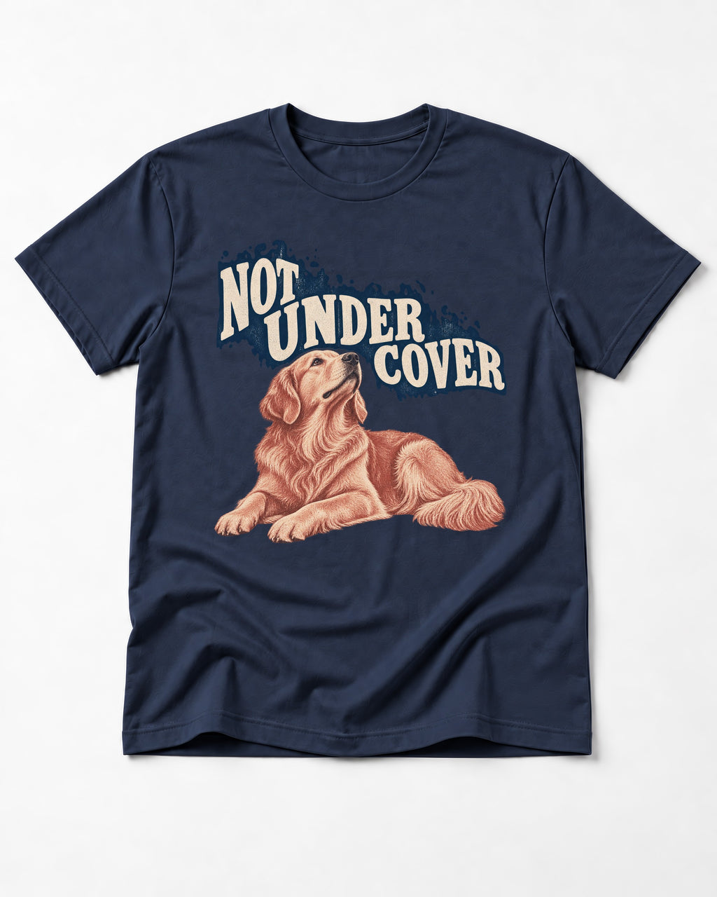 Not Under Cover Reclining Golden Retriever Graphic T-Shirt in Navy, flat lay product photo