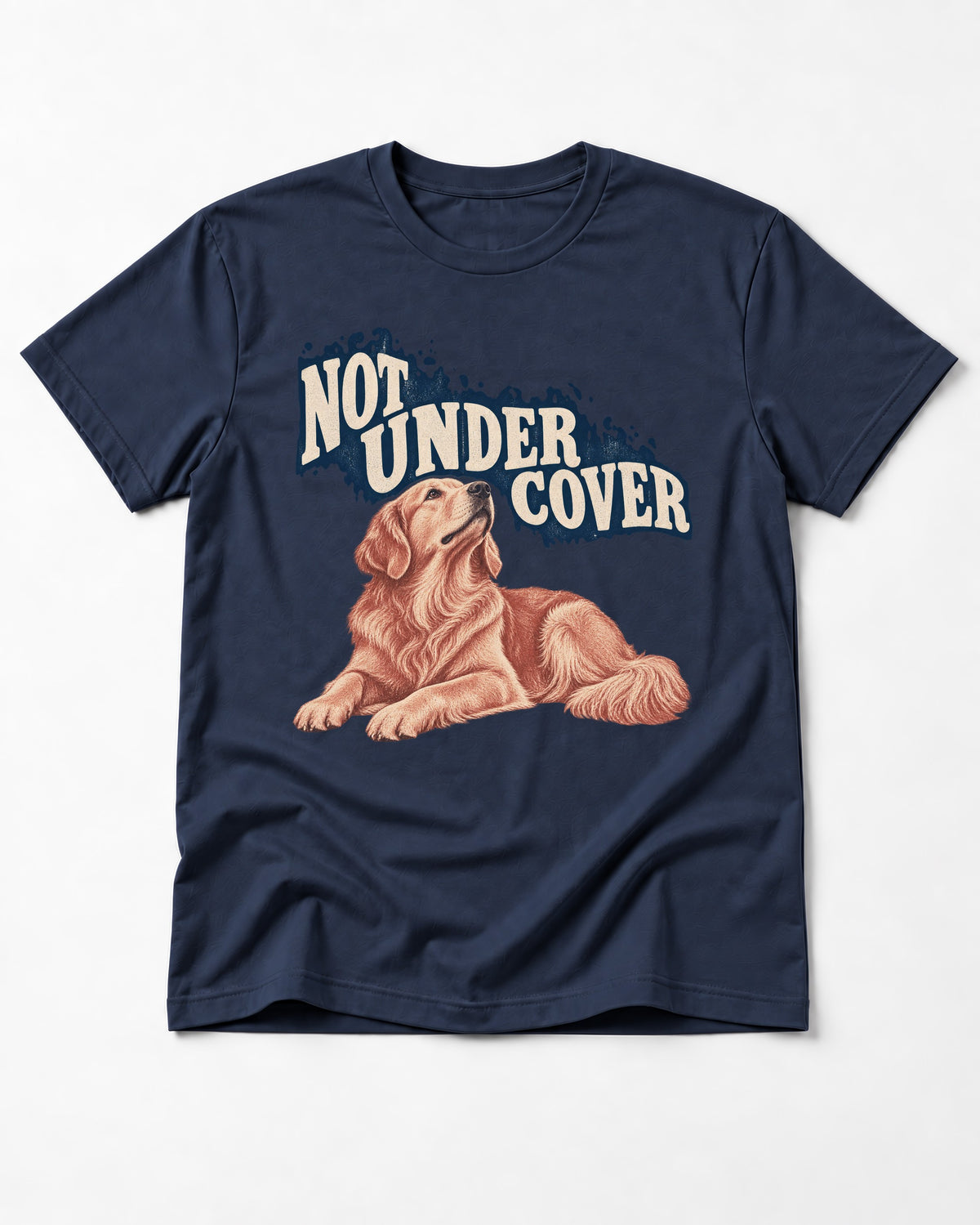 Not Under Cover Reclining Golden Retriever Graphic T-Shirt in Navy, flat lay product photo