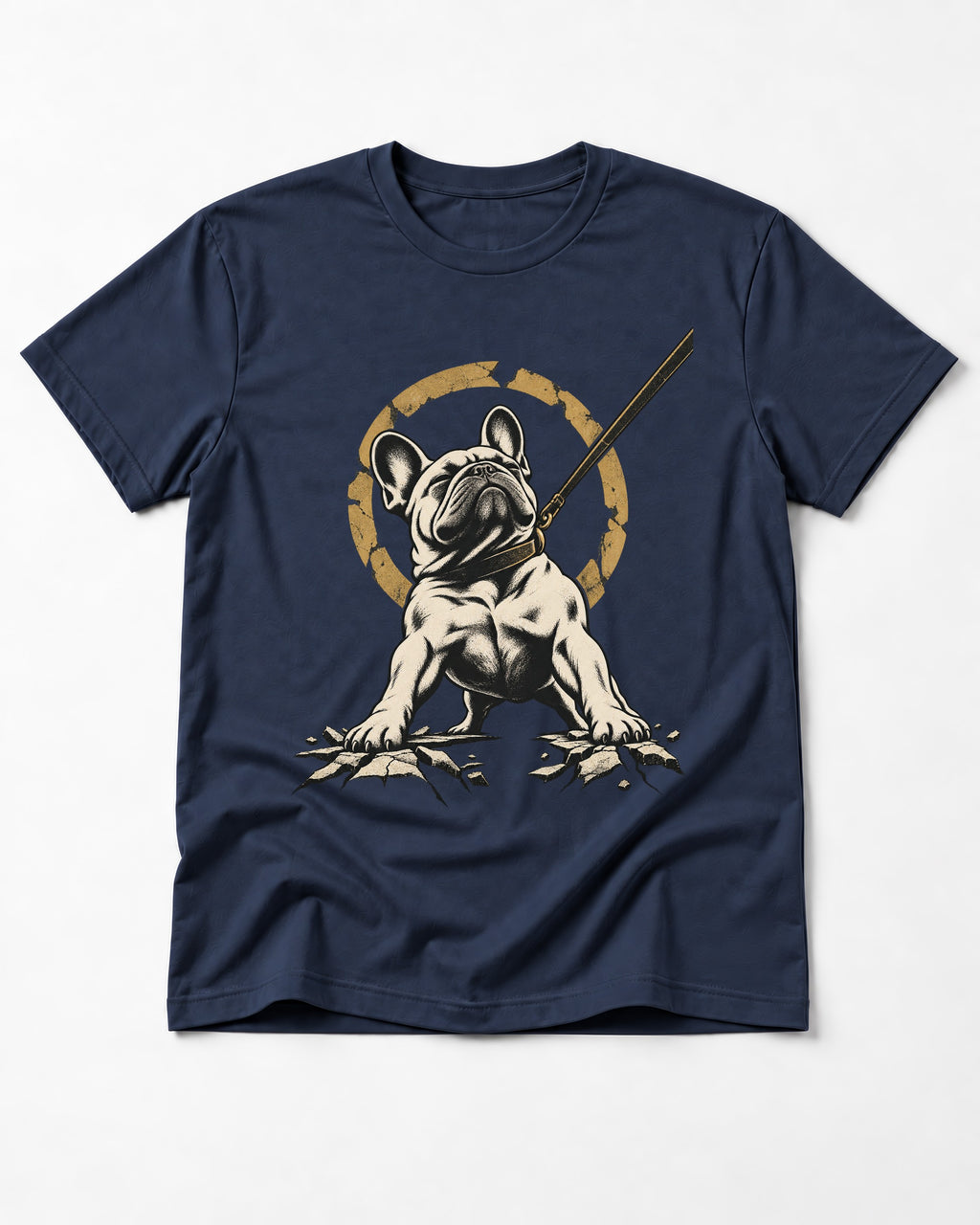 Frenchie Stubborn Leash Monument Graphic T-Shirt in Navy, flat lay product photo