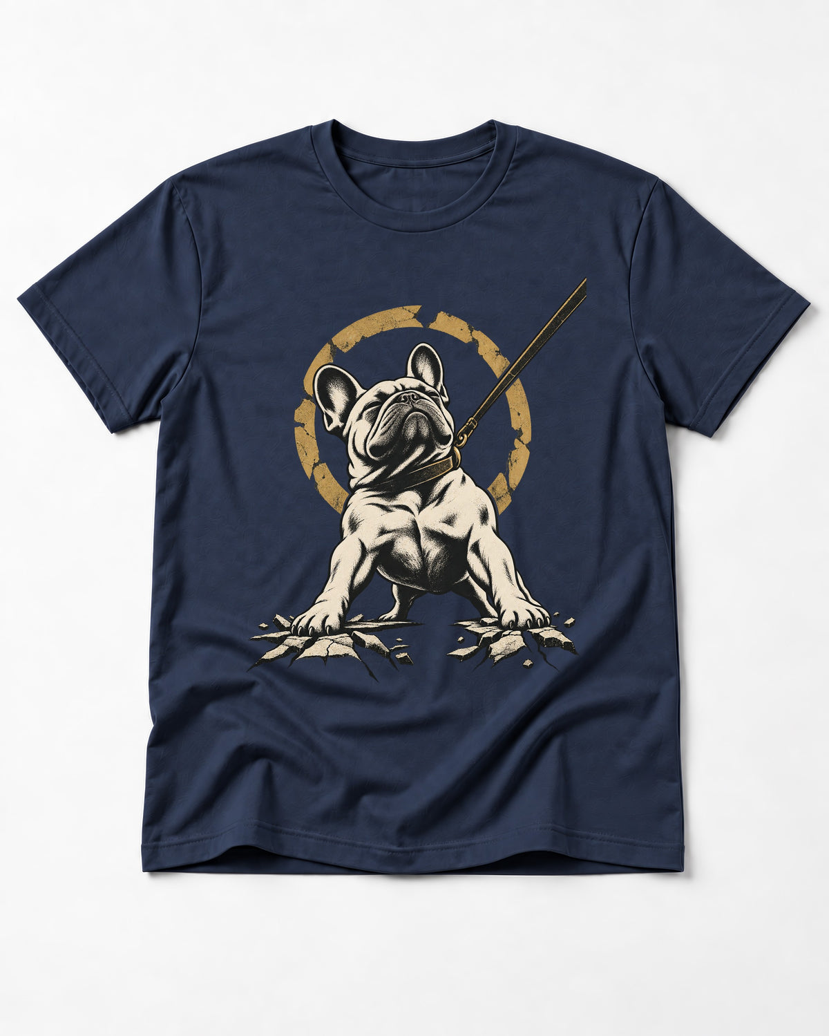 Frenchie Stubborn Leash Monument Graphic T-Shirt in Navy, flat lay product photo