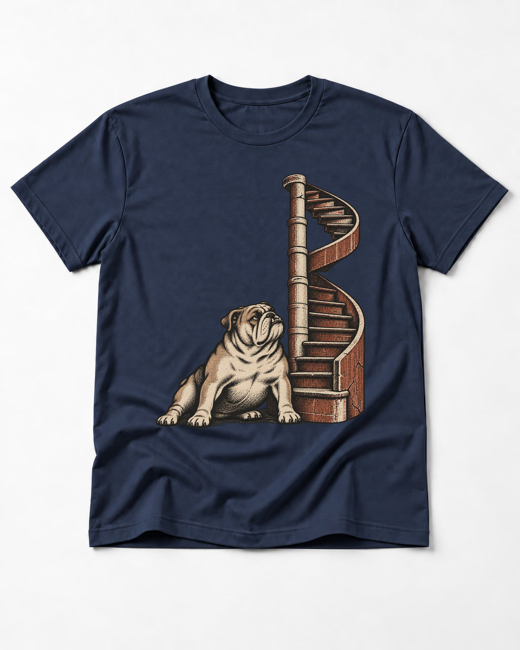 English Bulldog Spiral Staircase Graphic T-Shirt in Navy, flat lay product photo