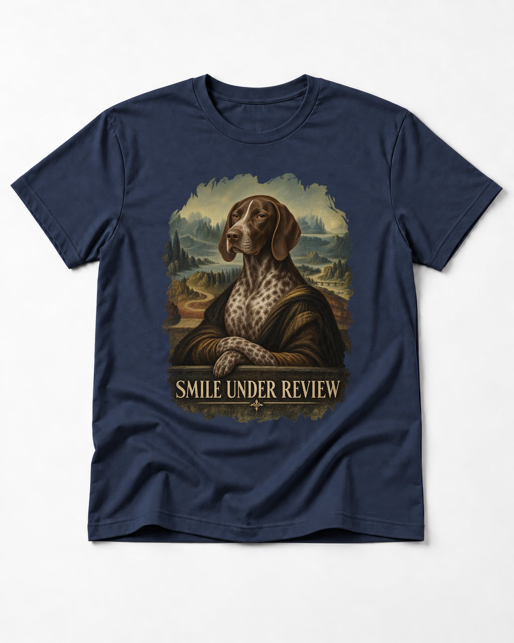 German Shorthaired Pointer Smile Under Review Renaissance Portrait Graphic T-Shirt in Navy, flat lay product photo