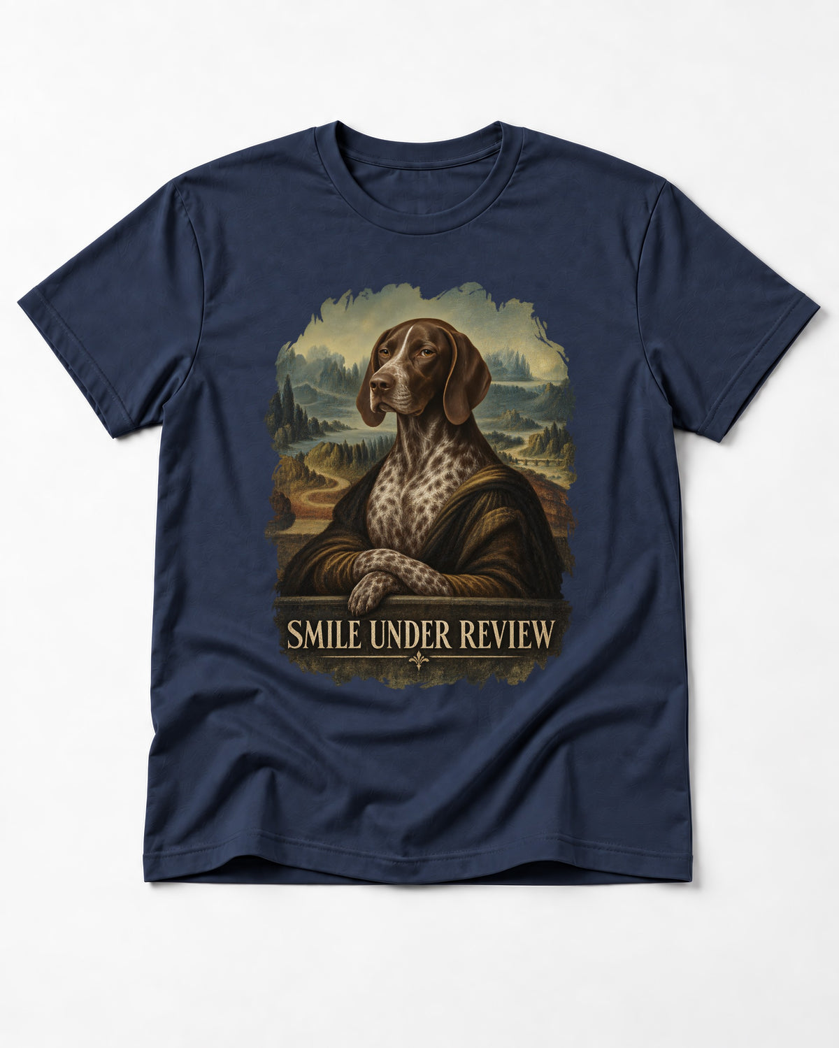 German Shorthaired Pointer Smile Under Review Renaissance Portrait Graphic T-Shirt in Navy, flat lay product photo