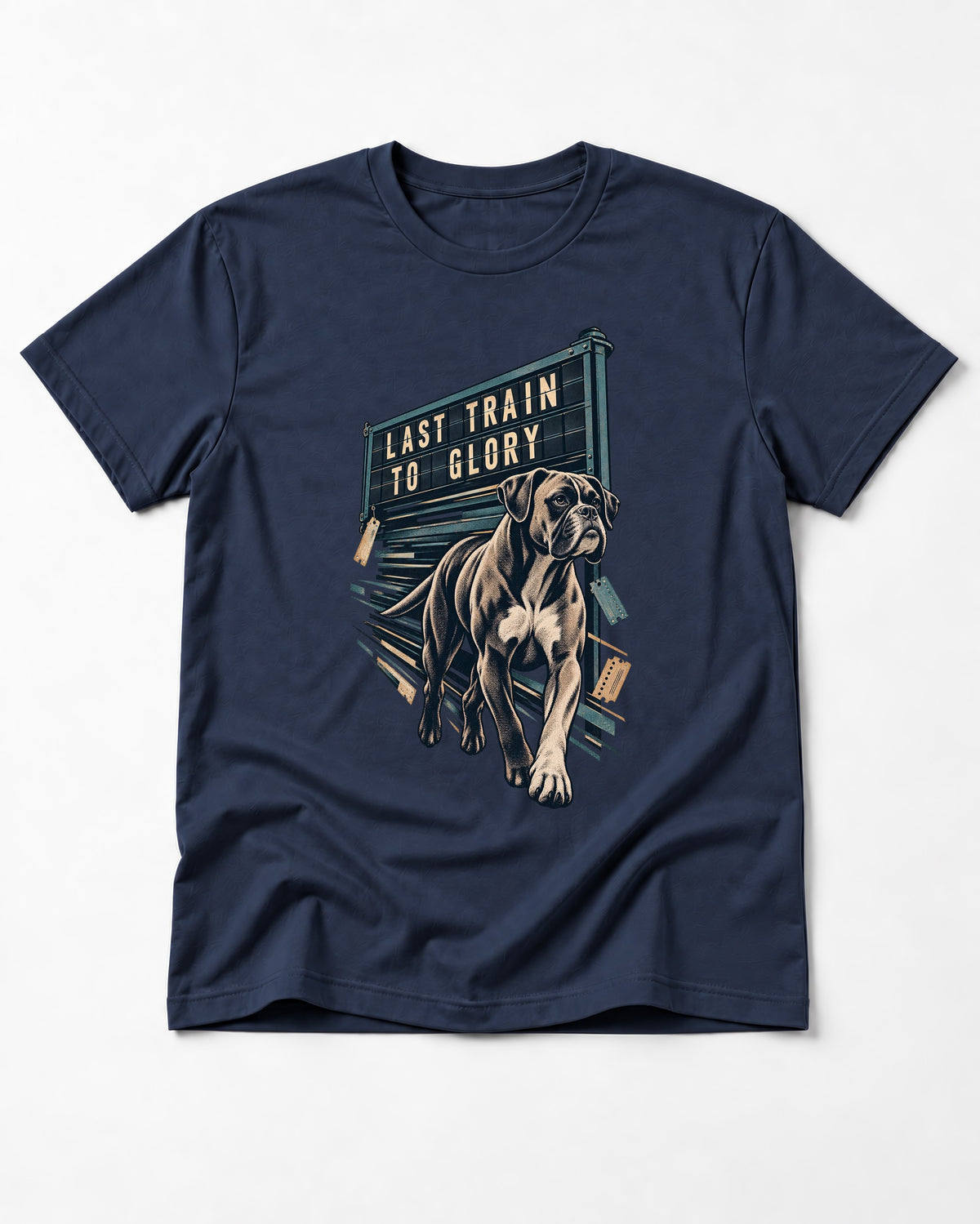 Last Train to Glory Boxer T-Shirt in Navy, flat lay product photo