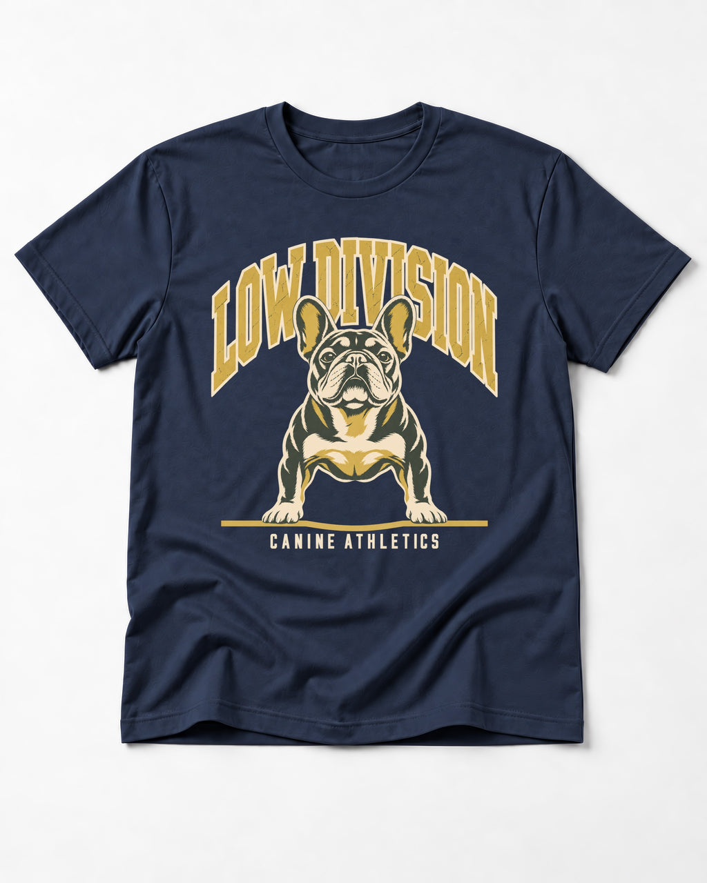 Frenchie Low Division Canine Athletics Graphic T-Shirt in Navy, flat lay product photo