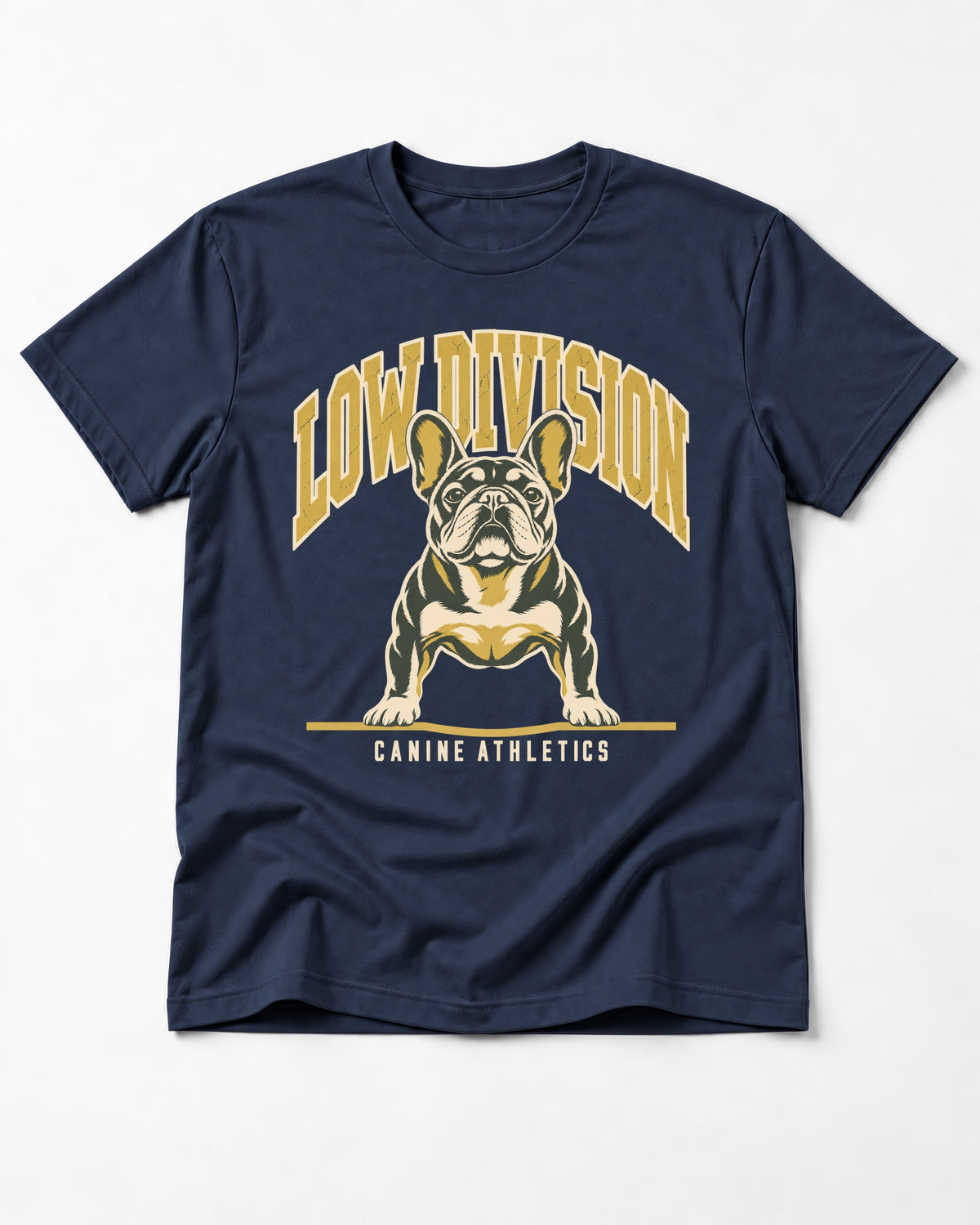 Frenchie Low Division Canine Athletics Graphic T-Shirt in Navy, flat lay product photo