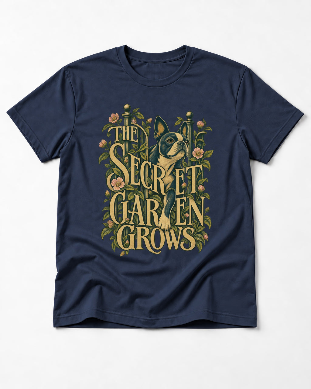 The Secret Garden Grows Boston Terrier T-Shirt in Navy, flat lay product photo