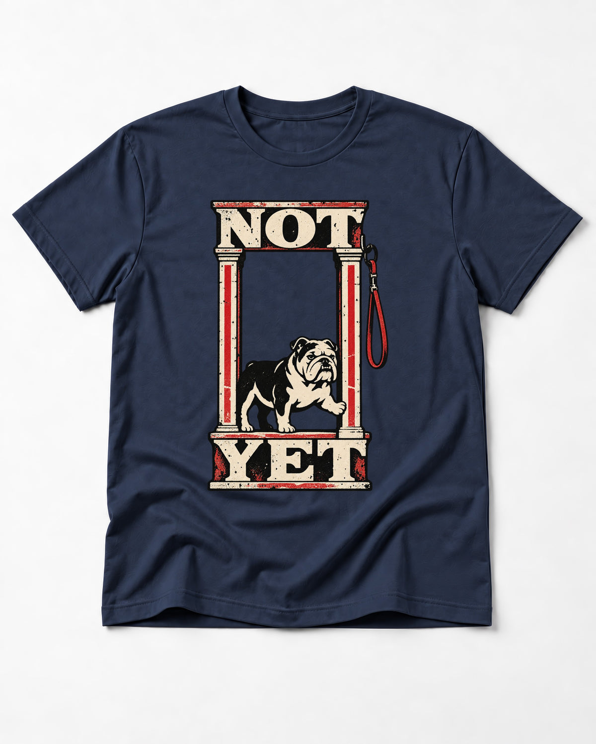 English Bulldog Not Yet Doorway Graphic T-Shirt in Navy, flat lay product photo