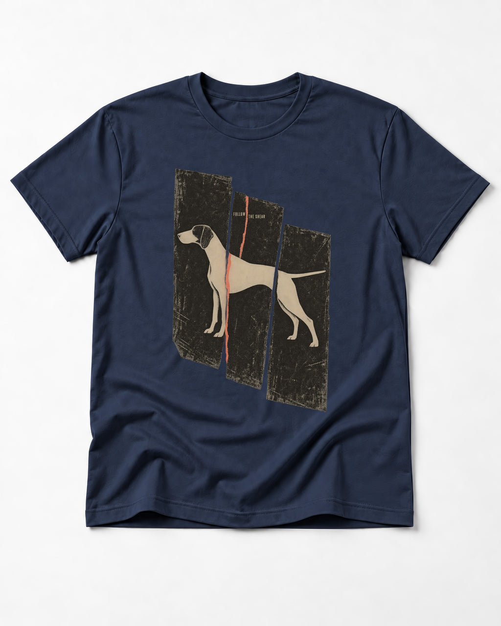 German Shorthaired Pointer Follow The Shear Split Panel Graphic T-Shirt in Navy, flat lay product photo