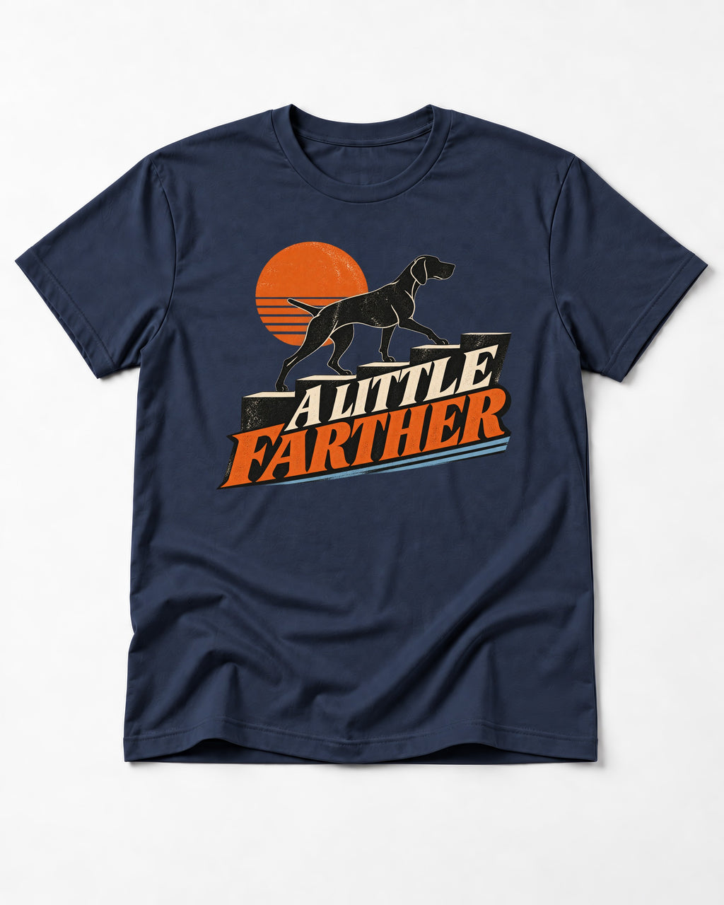 German Shorthaired Pointer A Little Farther Sunset Steps Graphic T-Shirt in Navy, flat lay product photo