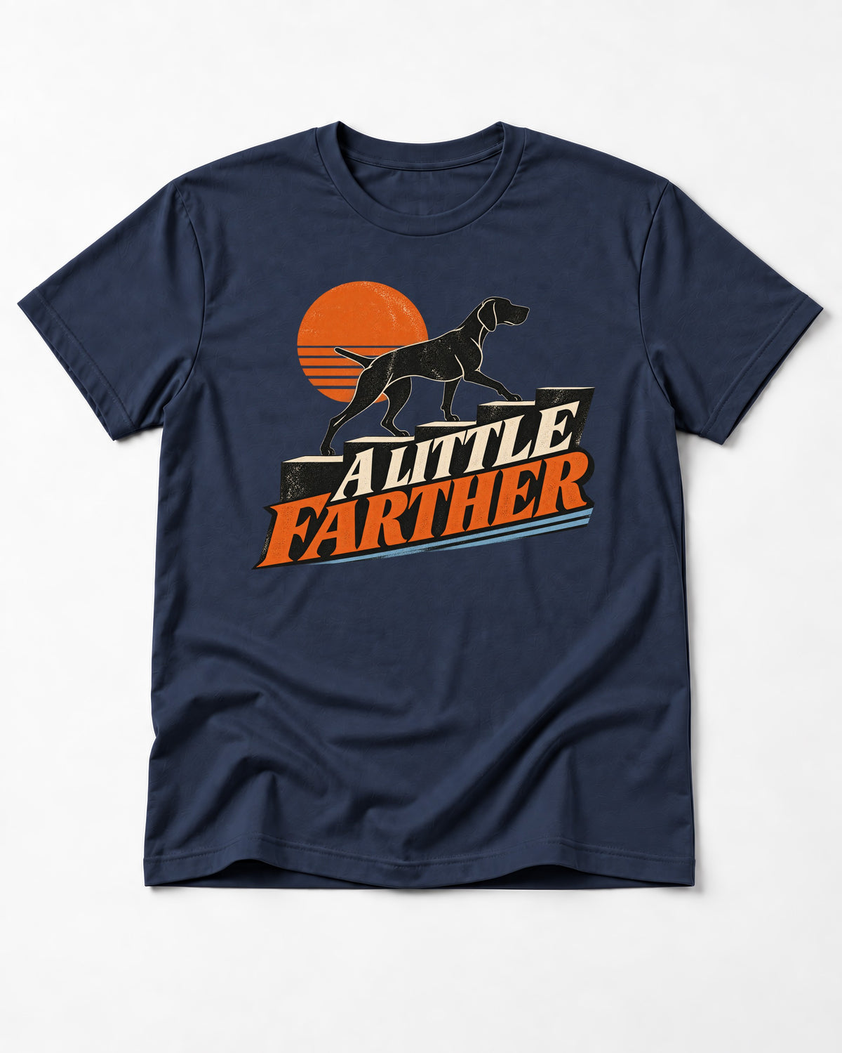 German Shorthaired Pointer A Little Farther Sunset Steps Graphic T-Shirt in Navy, flat lay product photo