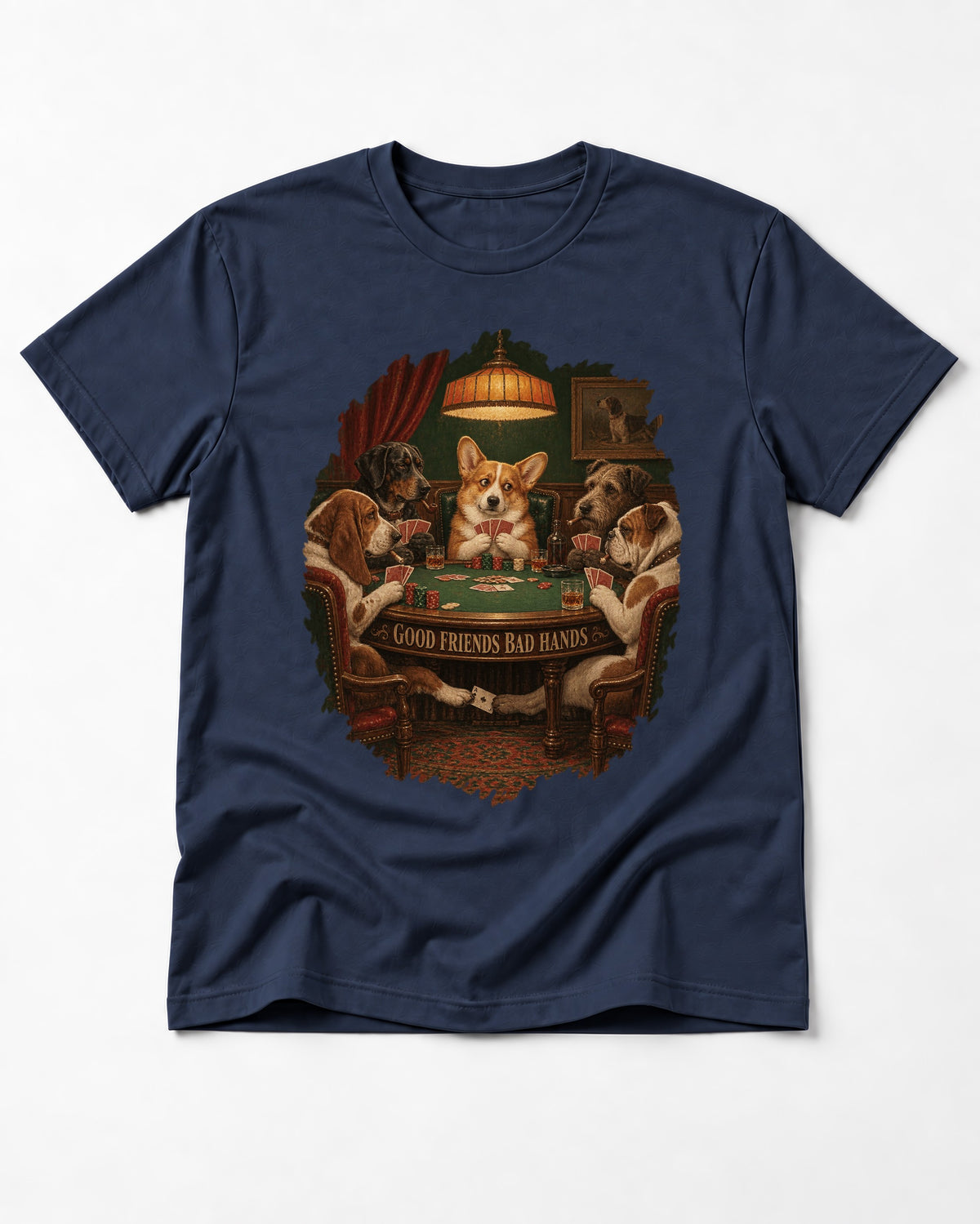 Corgi Good Friends Bad Hands Poker Night T-Shirt in Navy, flat lay product photo