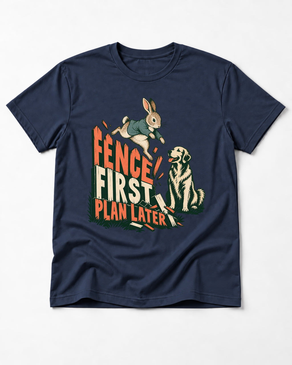 Golden Retriever Fence First Plan Later Rabbit Jump Graphic T-Shirt in Navy, flat lay product photo