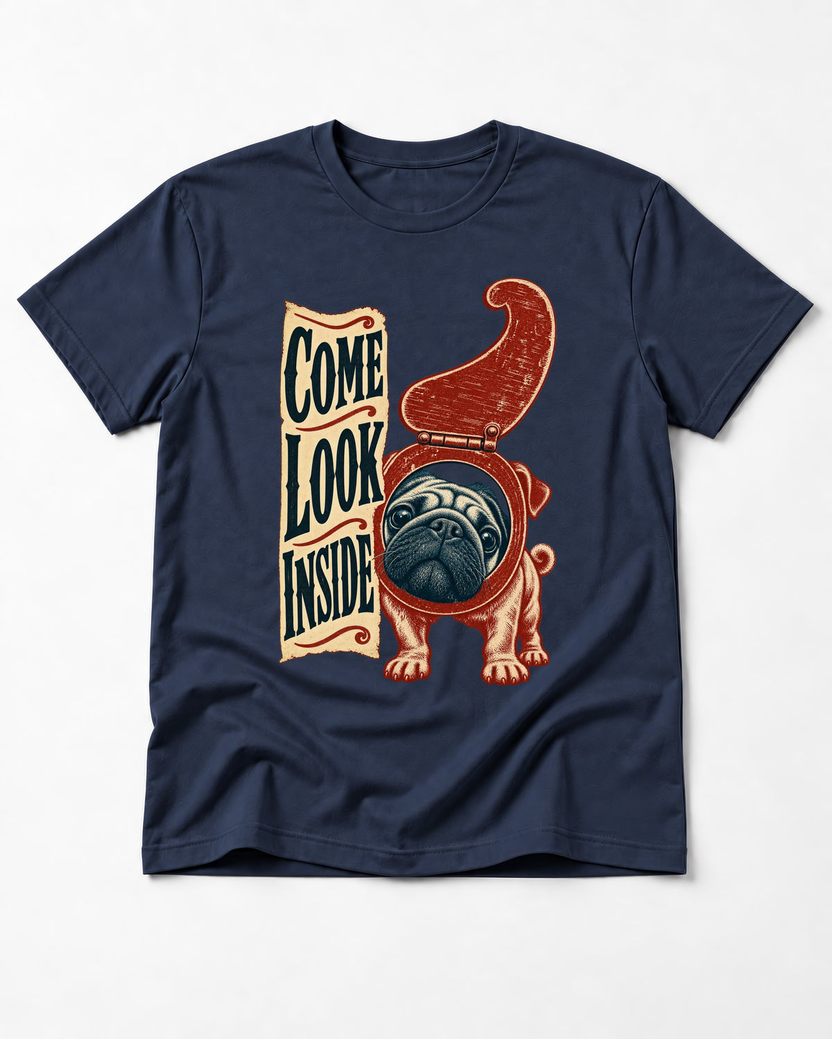 Pug Come Look Inside Toilet Seat Graphic T-Shirt in Navy, flat lay product photo