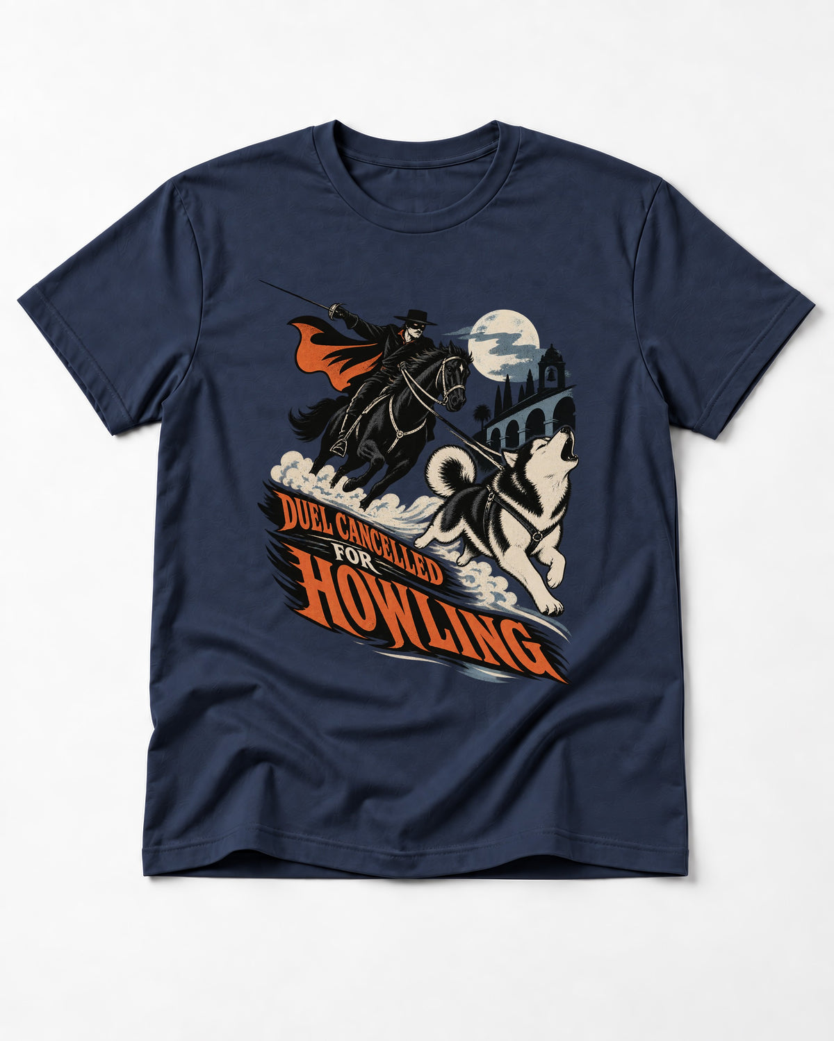 Husky Duel Cancelled for Howling Masked Rider Graphic T-Shirt in Navy, flat lay product photo