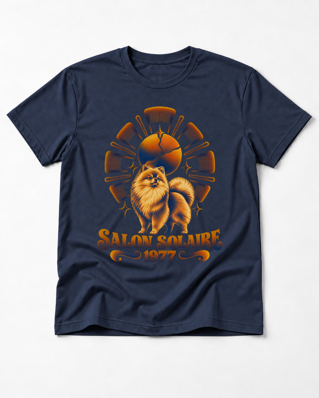 Pomeranian Salon Solaire 1977 Hairbrush Halo Graphic T-Shirt in Navy, flat lay product photo